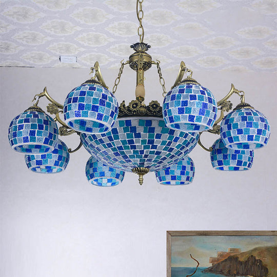 Mediterranean Stained Glass Globe Chandelier With 5/9/11 Blue Pendant Lights - Elegant Hanging Lamp