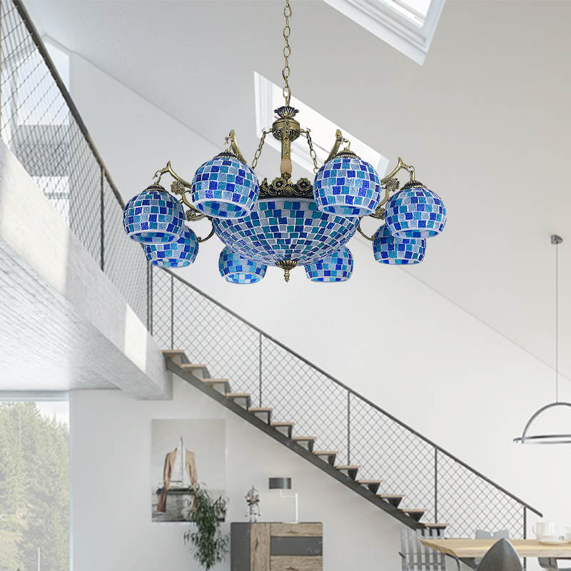 Mediterranean Stained Glass Globe Pendant Light with Blue Lights - Available in 5, 9, or 11