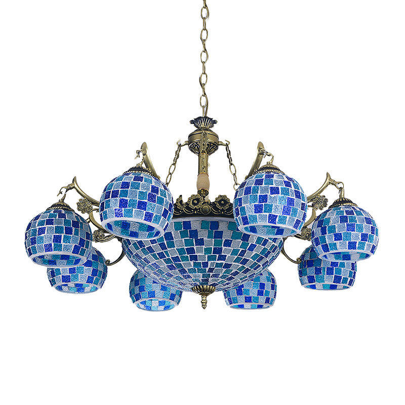 Mediterranean Stained Glass Globe Pendant Light with Blue Lights - Available in 5, 9, or 11