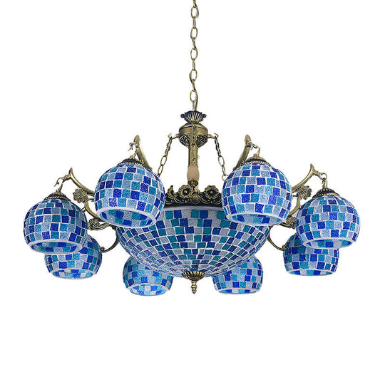 Mediterranean Stained Glass Globe Chandelier With 5/9/11 Blue Pendant Lights - Elegant Hanging Lamp