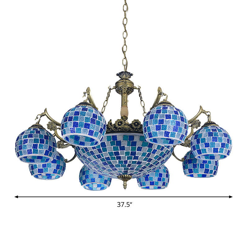 Mediterranean Stained Glass Globe Pendant Light with Blue Lights - Available in 5, 9, or 11