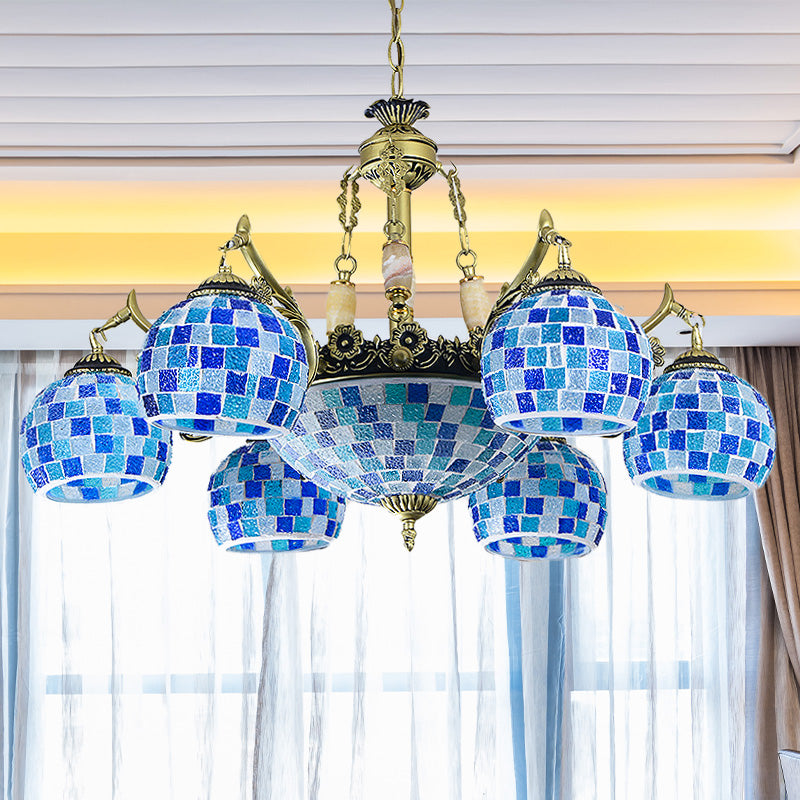 Mediterranean Stained Glass Globe Pendant Light with Blue Lights - Available in 5, 9, or 11