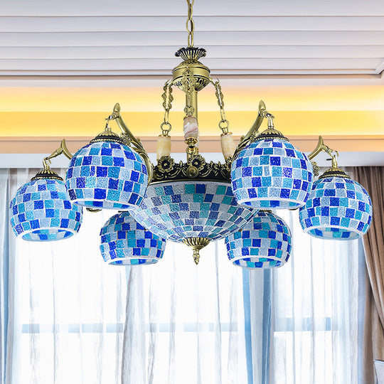 Mediterranean Stained Glass Globe Chandelier With 5/9/11 Blue Pendant Lights - Elegant Hanging Lamp