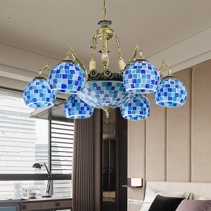 Mediterranean Stained Glass Globe Pendant Light with Blue Lights - Available in 5, 9, or 11