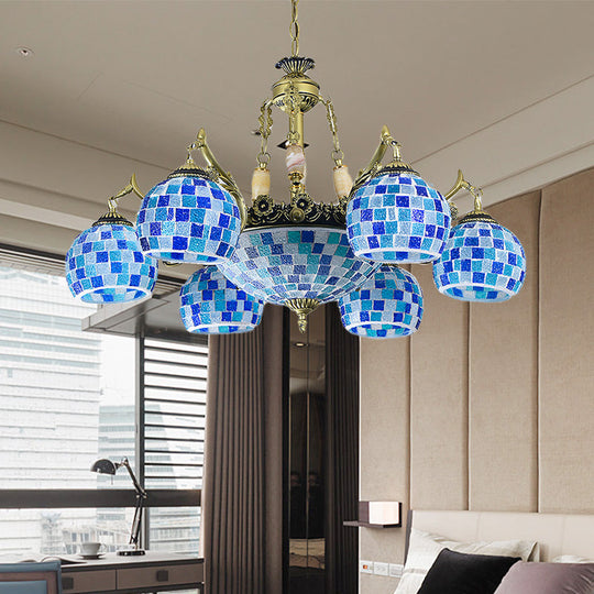 Mediterranean Stained Glass Globe Pendant Light with Blue Lights - Available in 5, 9, or 11