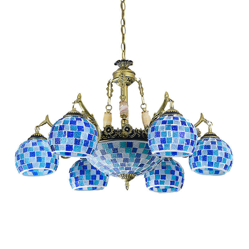 Mediterranean Stained Glass Globe Pendant Light with Blue Lights - Available in 5, 9, or 11