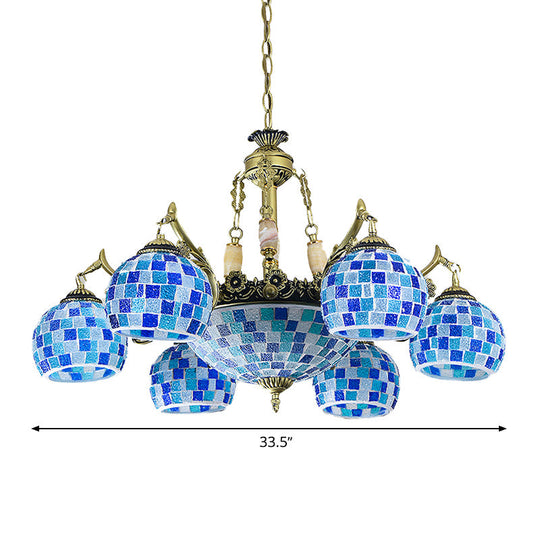 Mediterranean Stained Glass Globe Pendant Light with Blue Lights - Available in 5, 9, or 11