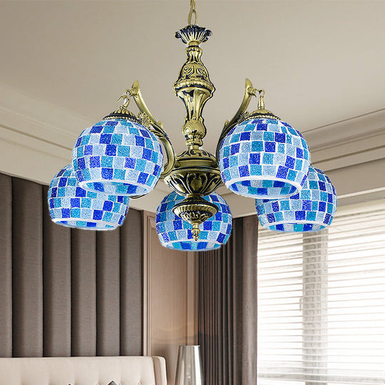 Mediterranean Stained Glass Globe Pendant Light with Blue Lights - Available in 5, 9, or 11