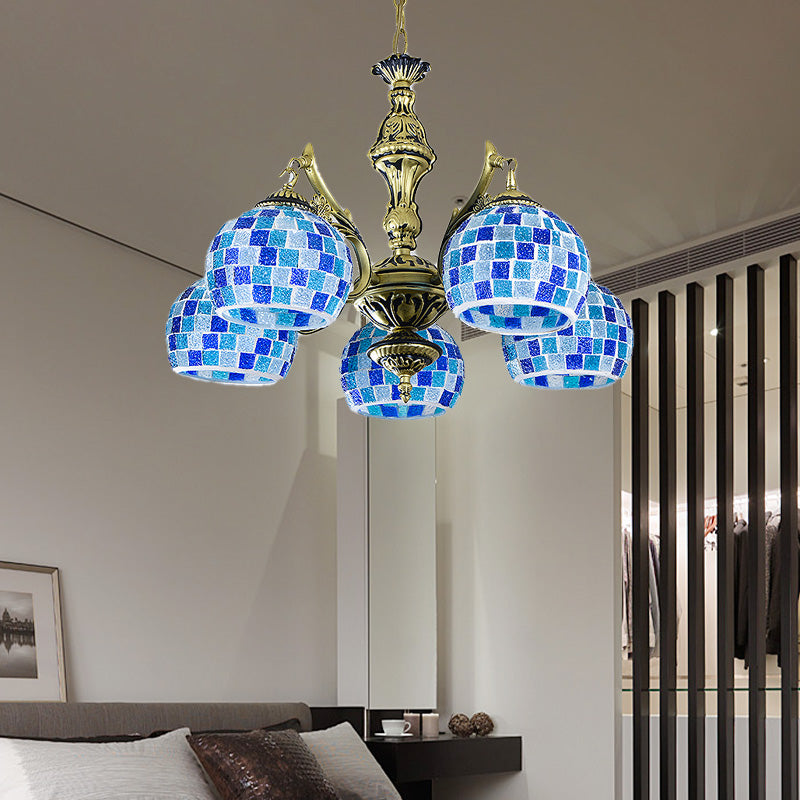 Mediterranean Stained Glass Globe Pendant Light with Blue Lights - Available in 5, 9, or 11