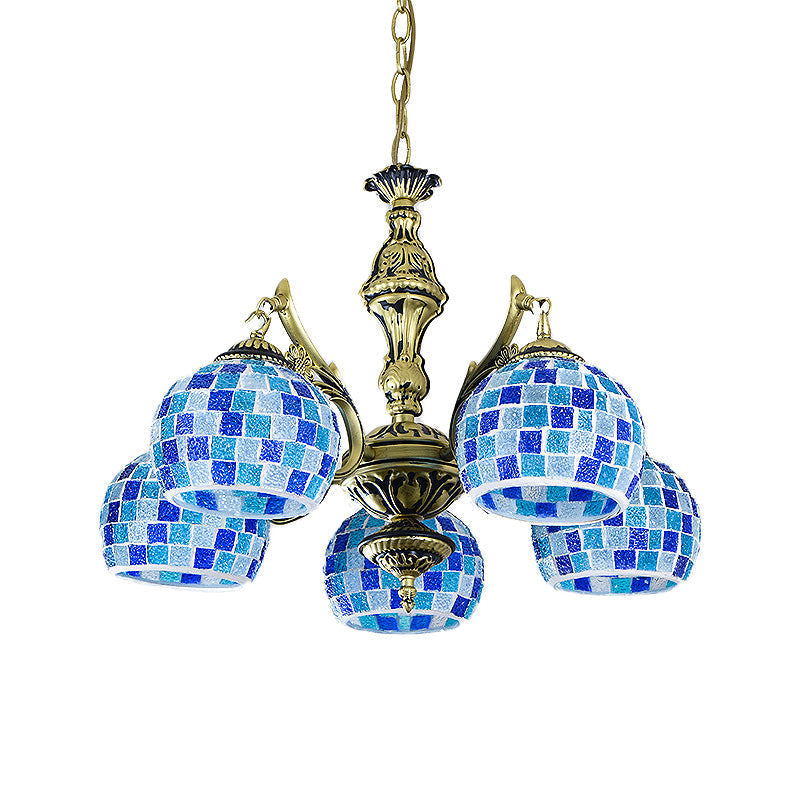 Mediterranean Stained Glass Globe Chandelier With 5/9/11 Blue Pendant Lights - Elegant Hanging Lamp