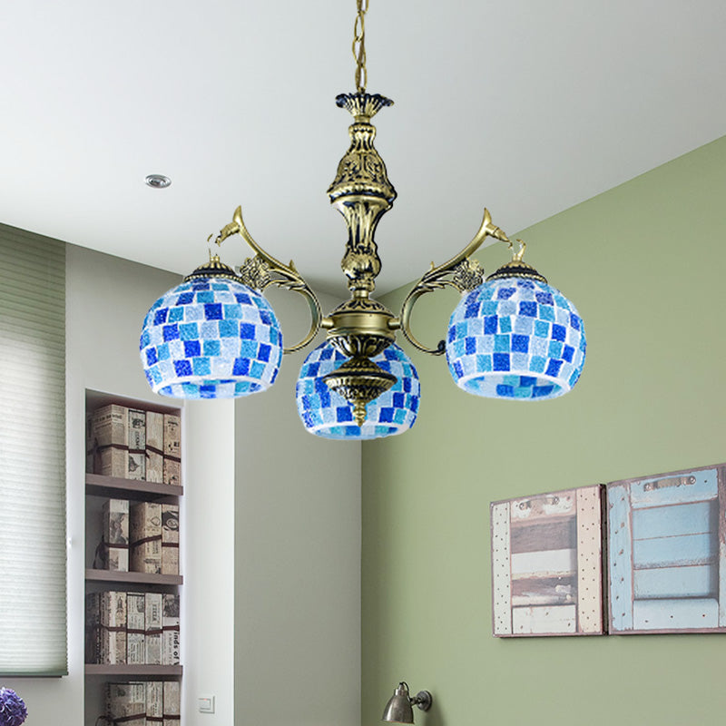 Mediterranean Stained Glass Globe Chandelier With 5/9/11 Blue Pendant Lights - Elegant Hanging Lamp