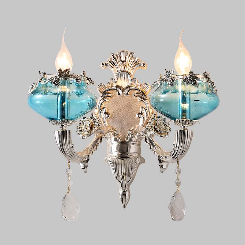 Antique Blue Glass Candle Sconce Light With Crystal Accent - Chrome Wall Fixture (1/2 Heads) For