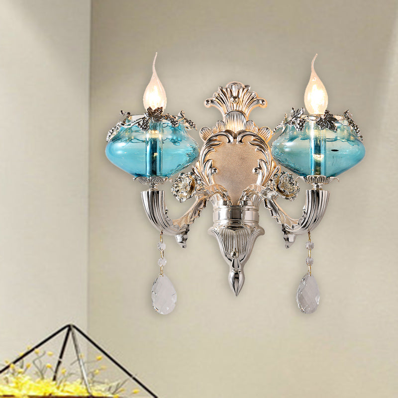 Antique Blue Glass Candle Sconce Light With Crystal Accent - Chrome Wall Fixture (1/2 Heads) For