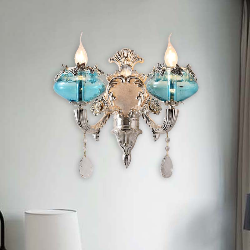 Antique Blue Glass Candle Sconce Light With Crystal Accent - Chrome Wall Fixture (1/2 Heads) For