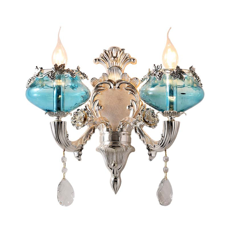 Antique Blue Glass Candle Sconce Light With Crystal Accent - Chrome Wall Fixture (1/2 Heads) For