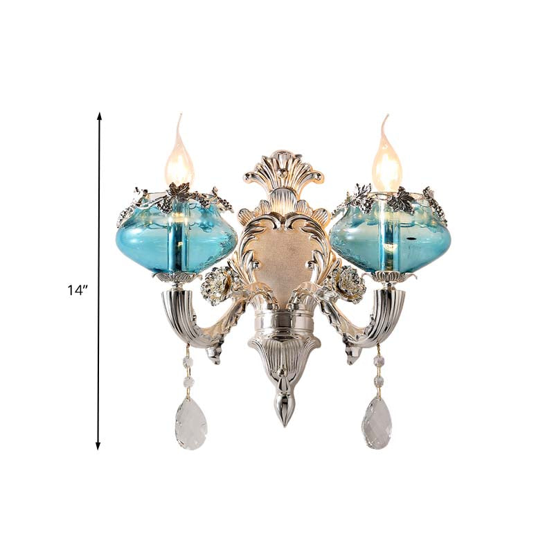 Antique Blue Glass Candle Sconce Light With Crystal Accent - Chrome Wall Fixture (1/2 Heads) For