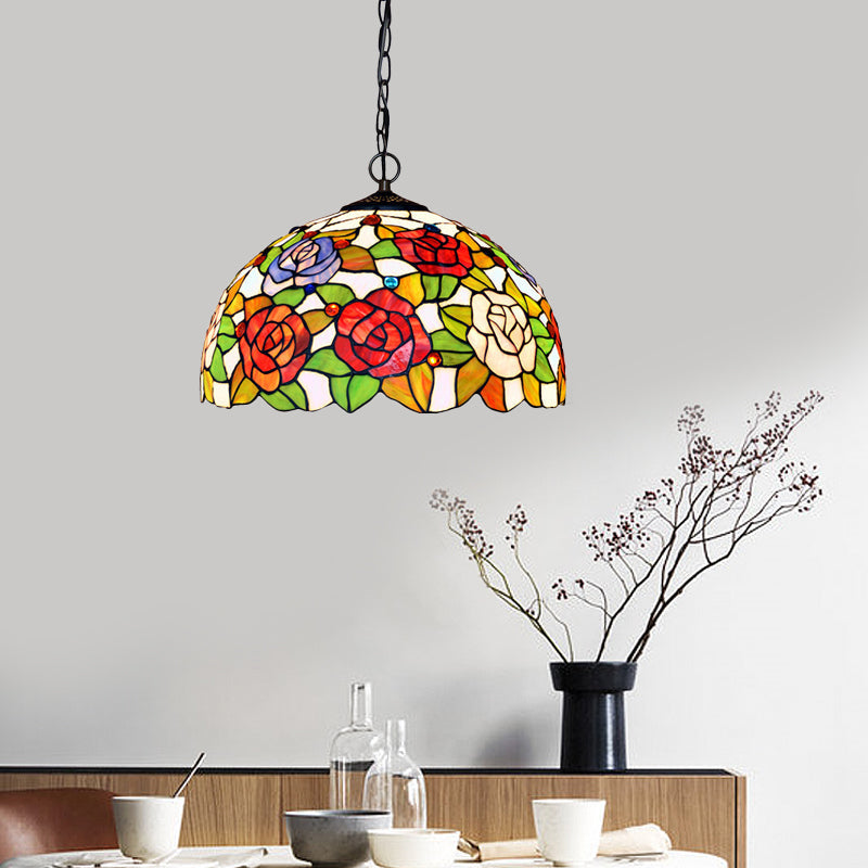 Rose Hanging Chandelier Tiffany Style Stained Glass Pendant Lamp - 1/2 Lights, Red/Green, 12"/16" Wide