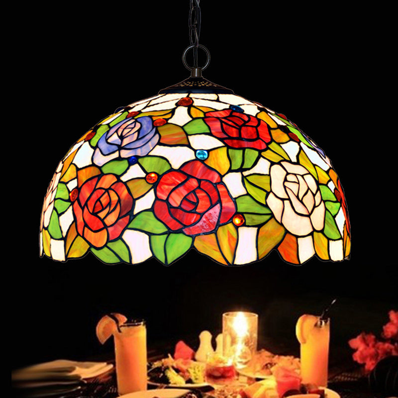 Rose Hanging Chandelier Tiffany Style Stained Glass Pendant Lamp - 1/2 Lights, Red/Green, 12"/16" Wide