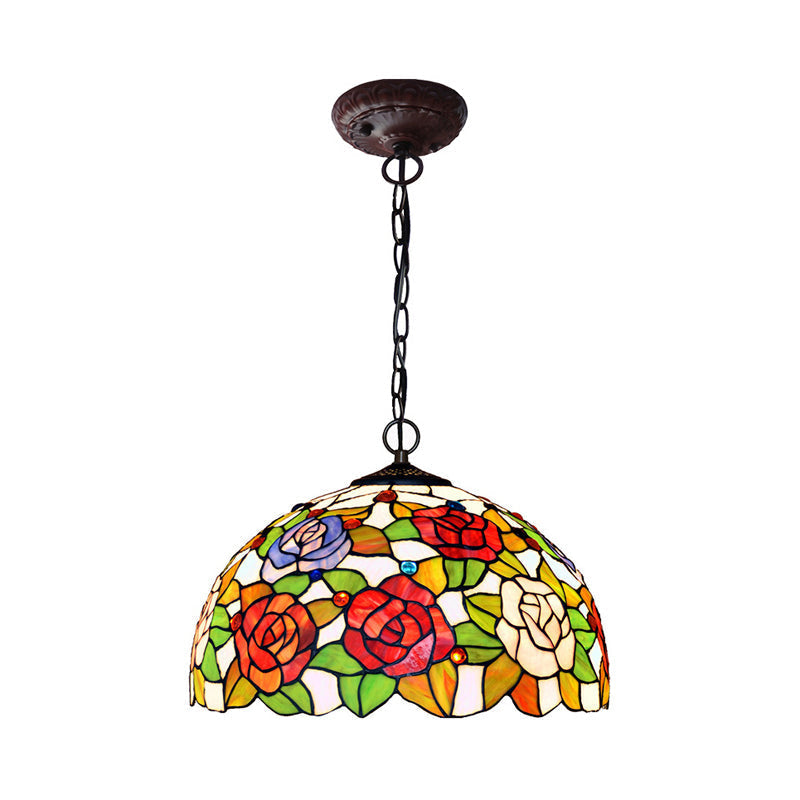 Rose Hanging Chandelier Tiffany Style Stained Glass Pendant Lamp - 1/2 Lights, Red/Green, 12"/16" Wide