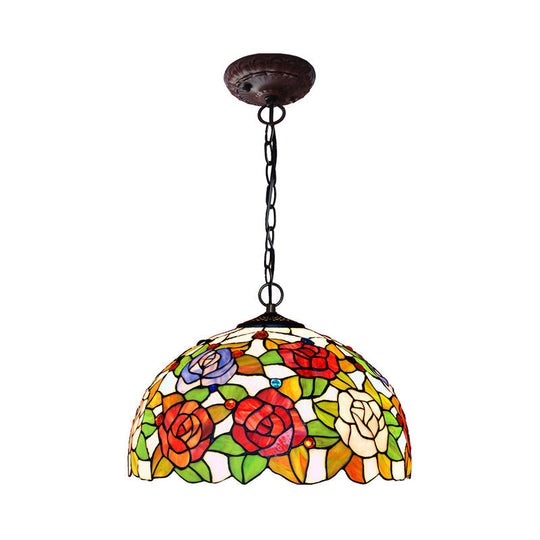 Rose Hanging Chandelier With Red/Green Stained Glass Tiffany Style