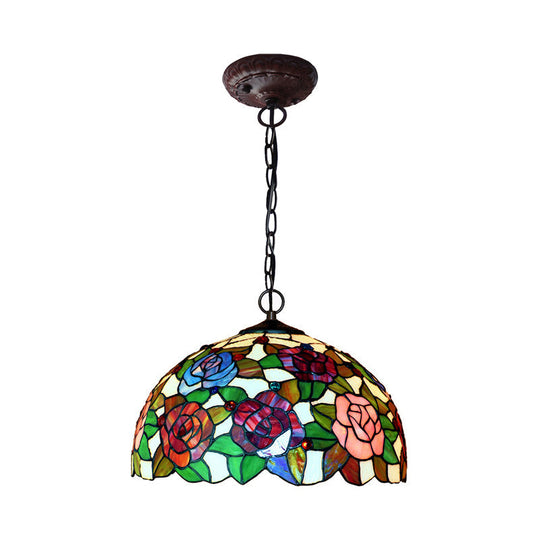 Rose Hanging Chandelier Tiffany Style Stained Glass Pendant Lamp - 1/2 Lights, Red/Green, 12"/16" Wide