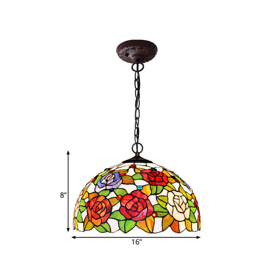 Rose Hanging Chandelier Tiffany Style Stained Glass Pendant Lamp - 1/2 Lights, Red/Green, 12"/16" Wide