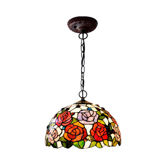 Rose Hanging Chandelier Tiffany Style Stained Glass Pendant Lamp - 1/2 Lights, Red/Green, 12"/16" Wide