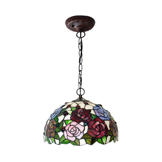 Rose Hanging Chandelier Tiffany Style Stained Glass Pendant Lamp - 1/2 Lights, Red/Green, 12"/16" Wide