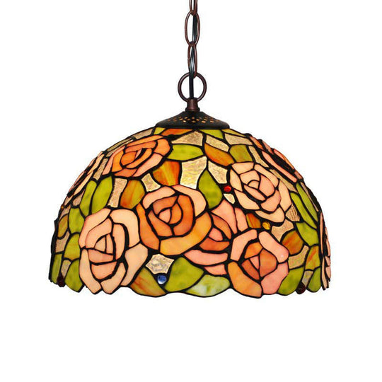 Rose Hanging Chandelier Tiffany Style Stained Glass Pendant Lamp - 1/2 Lights, Red/Green, 12"/16" Wide