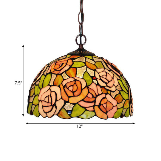 Rose Hanging Chandelier Tiffany Style Stained Glass Pendant Lamp - 1/2 Lights, Red/Green, 12"/16" Wide