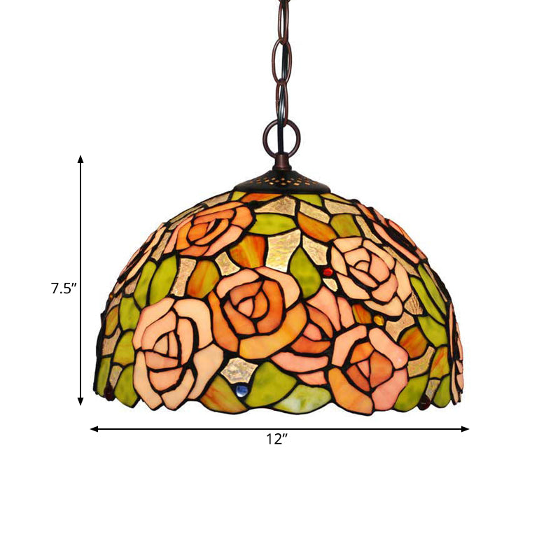 Rose Hanging Chandelier With Red/Green Stained Glass Tiffany Style