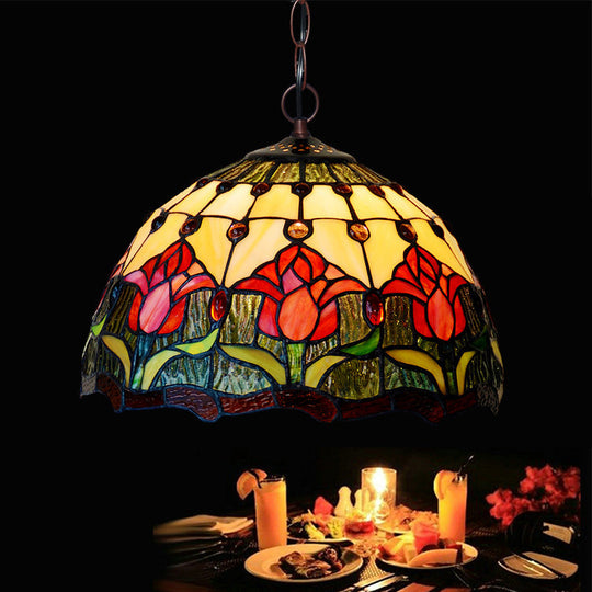 Red/Green Tiffany Cut Glass Chandelier Light - 1/2 Lights Kitchen Suspension Lamp 12/16 Width