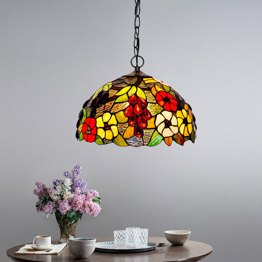 2-Light Domed Ceiling Chandelier with Stained Glass Tiffany Pendant Lighting in Red, Green, and Purple