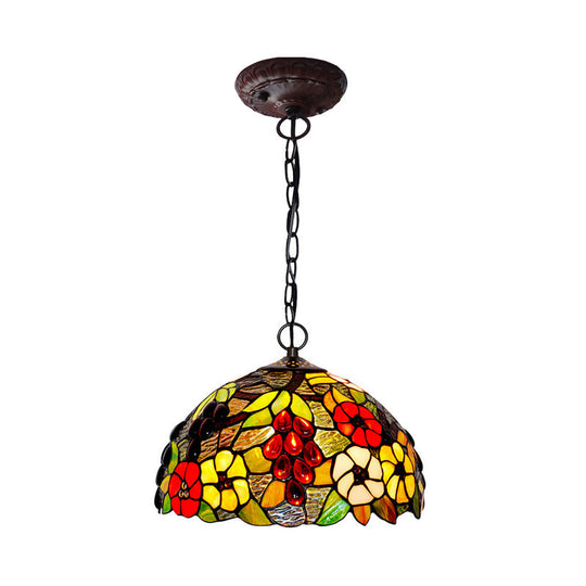 2-Light Domed Ceiling Chandelier with Stained Glass Tiffany Pendant Lighting in Red, Green, and Purple