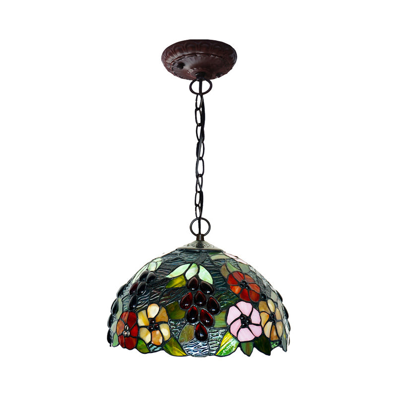 2-Light Domed Ceiling Chandelier with Stained Glass Tiffany Pendant Lighting in Red, Green, and Purple