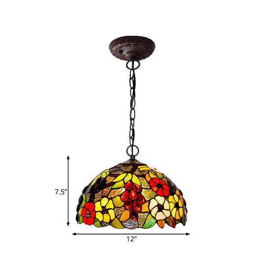 2-Light Domed Ceiling Chandelier with Stained Glass Tiffany Pendant Lighting in Red, Green, and Purple