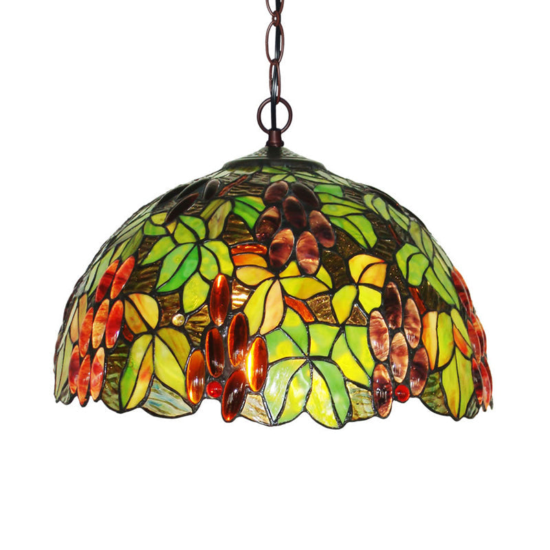 2-Light Domed Ceiling Chandelier with Stained Glass Tiffany Pendant Lighting in Red, Green, and Purple