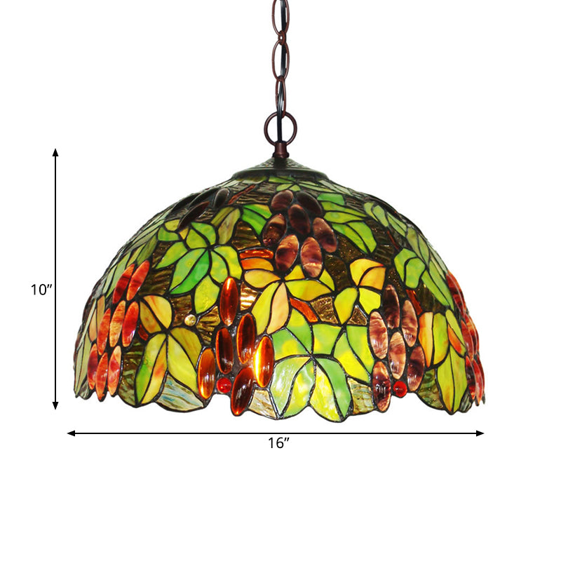 2-Light Domed Ceiling Chandelier with Stained Glass Tiffany Pendant Lighting in Red, Green, and Purple