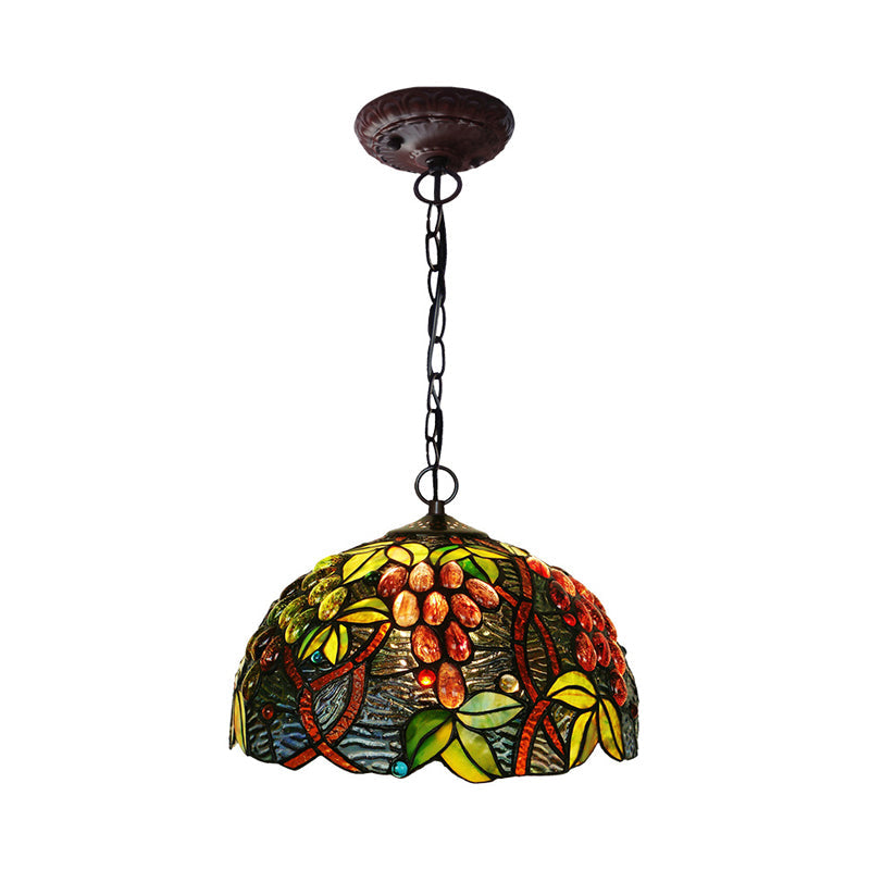 2-Light Domed Ceiling Chandelier with Stained Glass Tiffany Pendant Lighting in Red, Green, and Purple