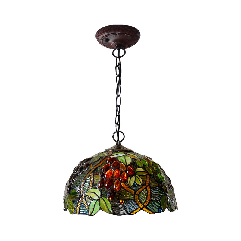 2-Light Domed Ceiling Chandelier with Stained Glass Tiffany Pendant Lighting in Red, Green, and Purple