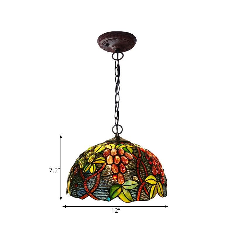 2-Light Domed Ceiling Chandelier with Stained Glass Tiffany Pendant Lighting in Red, Green, and Purple