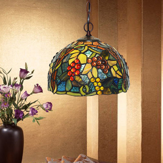 Mediterranean Stained Glass Hanging Light - Green Dome, 8"/12", Bronze Pendant