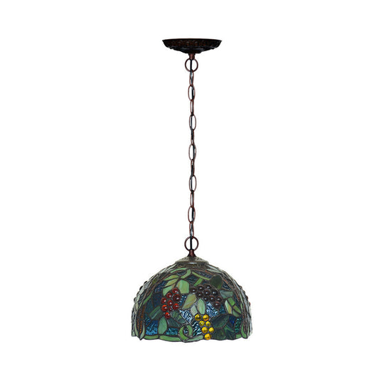 Mediterranean Stained Glass Hanging Light - Green Dome, 8"/12", Bronze Pendant