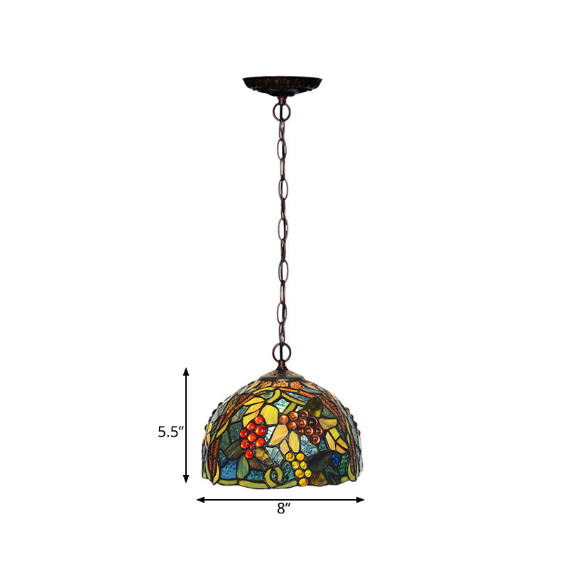 Mediterranean Stained Glass Hanging Light - Green Dome, 8"/12", Bronze Pendant