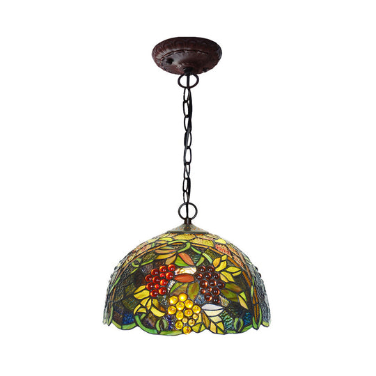 Mediterranean Stained Glass Hanging Light - Green Dome, 8"/12", Bronze Pendant