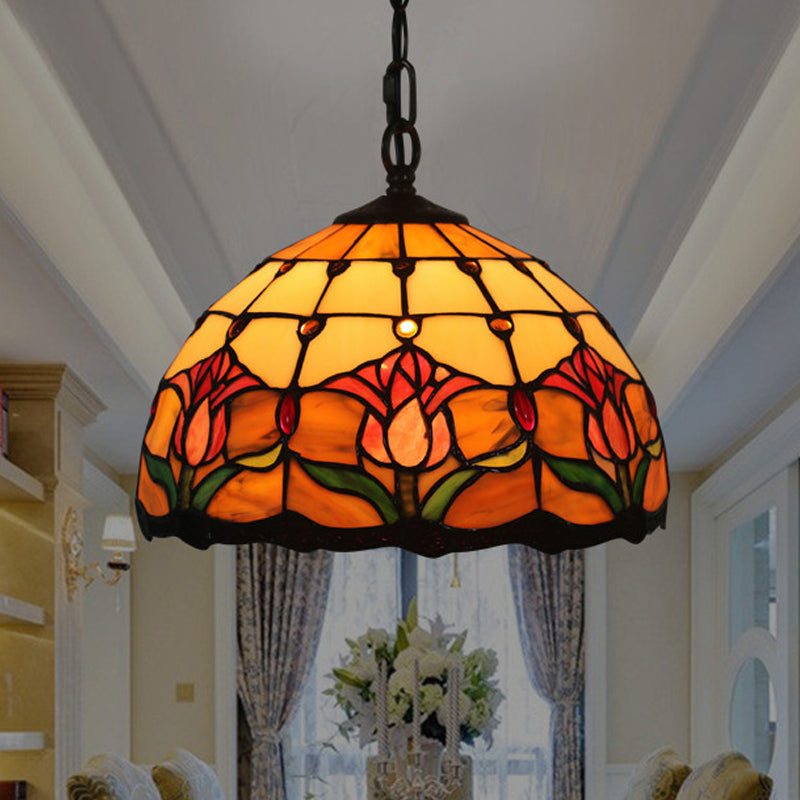 Mediterranean Black Blossom Down Lighting Pendant Light With 1 Stained Glass Red/Yellow/Blue Shade