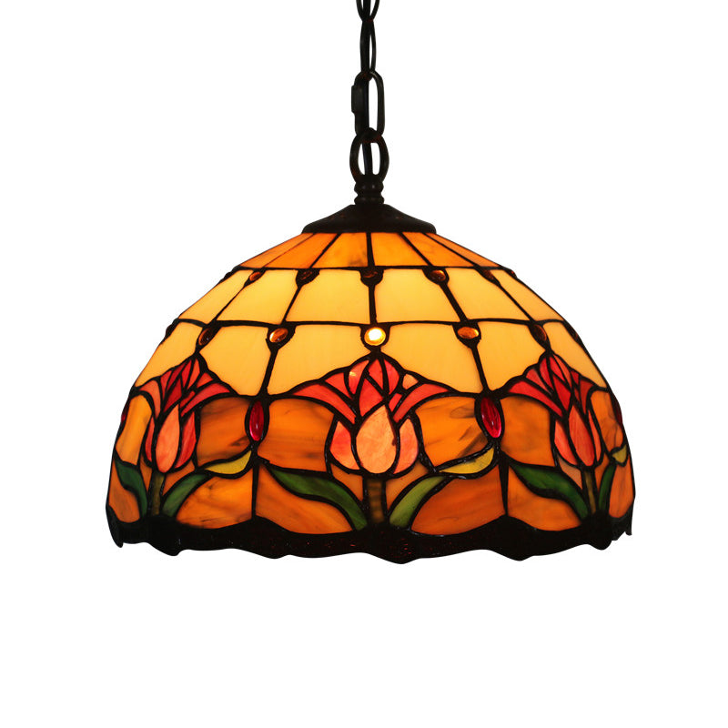 Mediterranean Black Blossom Down Lighting Pendant Light With 1 Stained Glass Red/Yellow/Blue Shade