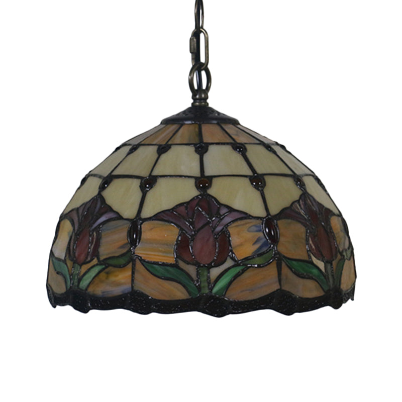 Mediterranean Black Blossom Down Lighting Pendant Light With 1 Stained Glass Red/Yellow/Blue Shade