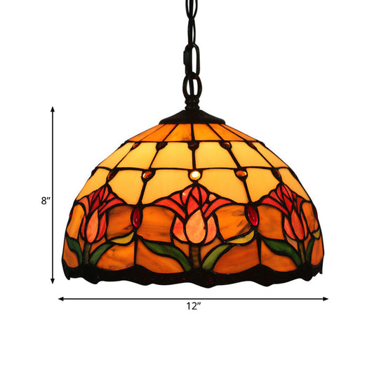 Mediterranean Black Blossom Down Lighting Pendant Light With 1 Stained Glass Red/Yellow/Blue Shade