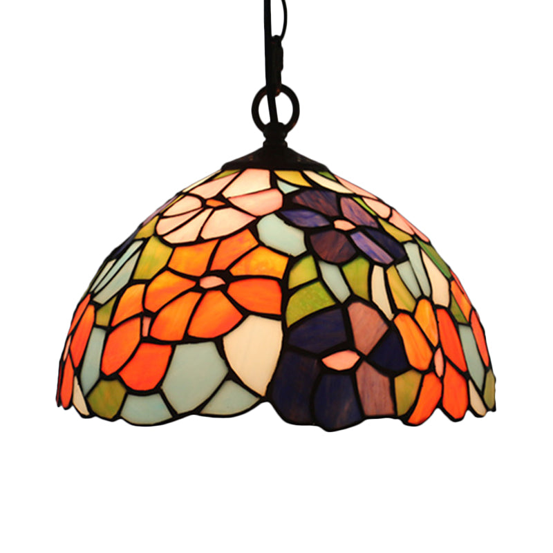 Mediterranean Black Blossom Down Lighting Pendant Light With 1 Stained Glass Red/Yellow/Blue Shade